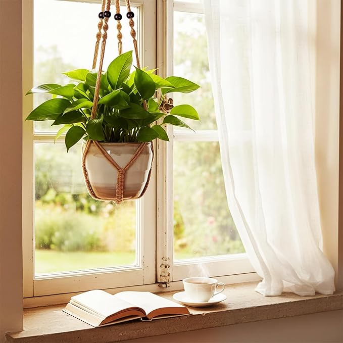 EJGIEGSO Macrame Plant Hanger, Up to 4-15 inch Pots, Wood Beads Cotton Hanging Planter Holder for Indoor Outdoor Boho Home Decor, 35 Inch, Set of 2 (Brown)