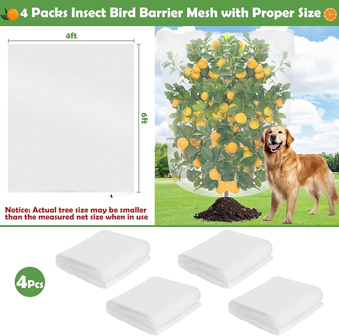 4Ft x 6Ft Blueberry Bush Netting Cover,4 Pack Bird Netting for Blueberry Bushes, Garden Netting Insect Pest Barrier with Drawstring, Plant Fruit Tree Netting Net for Garden Protection