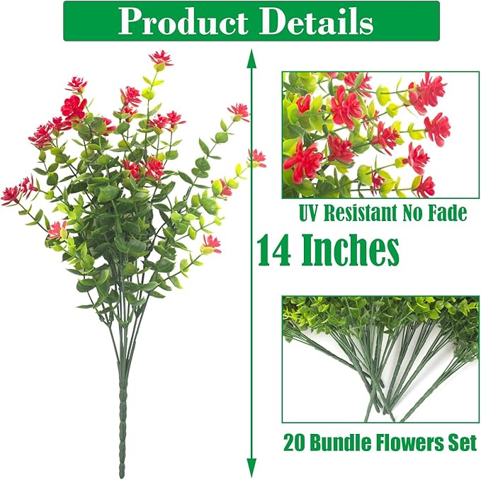 Grunyia 20 Bundles Artificial Flowers UV Resistant Fake Flowers No Fade Faux Plants Garden Porch Window Box Decorating (Red)