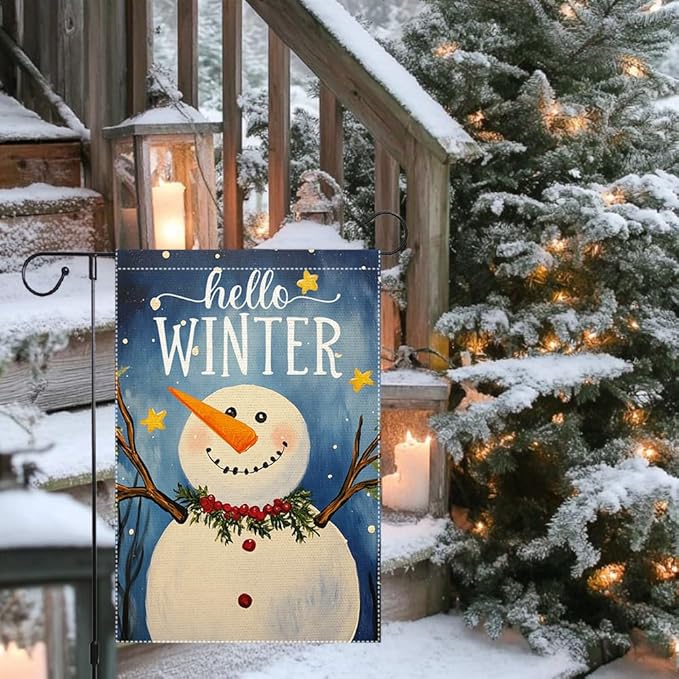Winter Snowman Garden Flag Double Sided 12x18 Inch Small Burlap Outdoor Yard Decoration Seasonal Holiday Welcome Banner