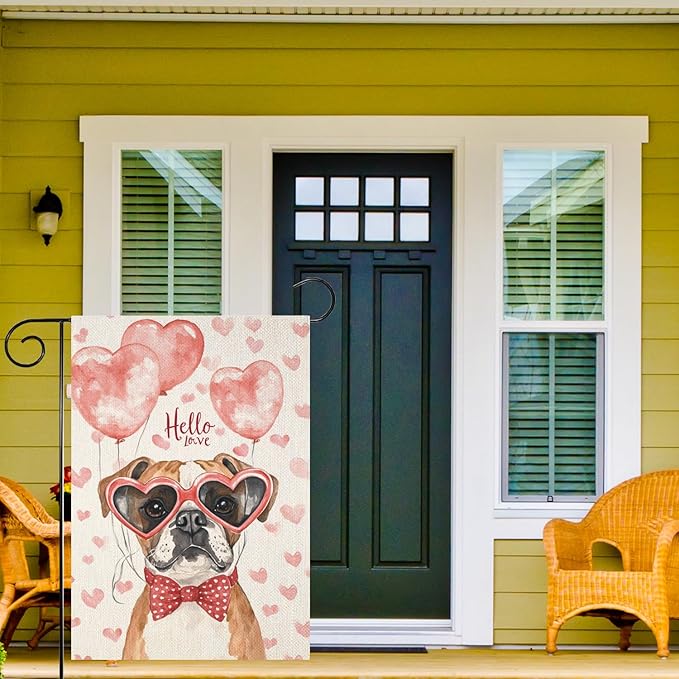 Valentine's Day Boxer Dog Hello Love Garden Flag, House Yard Plaid Love Heart Outside Decoration, Spring Holiday Wedding Anniversary Outdoor Small Decor 12x18(12636)