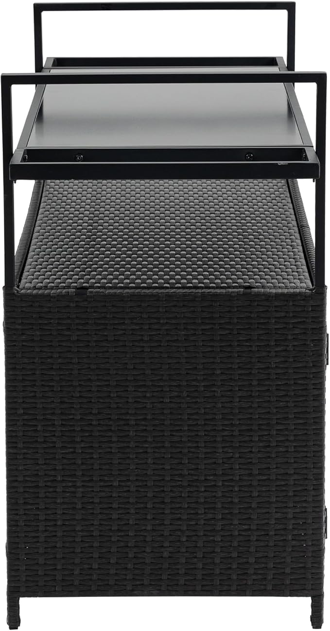Outdoor Wicker Bar Cart, 51.18" Patio Wine Serving Cart with Tempered Glass Top, Rolling Beverage Table with Wheels & Storage Shelf for Garden, Backyard & Poolside, Black