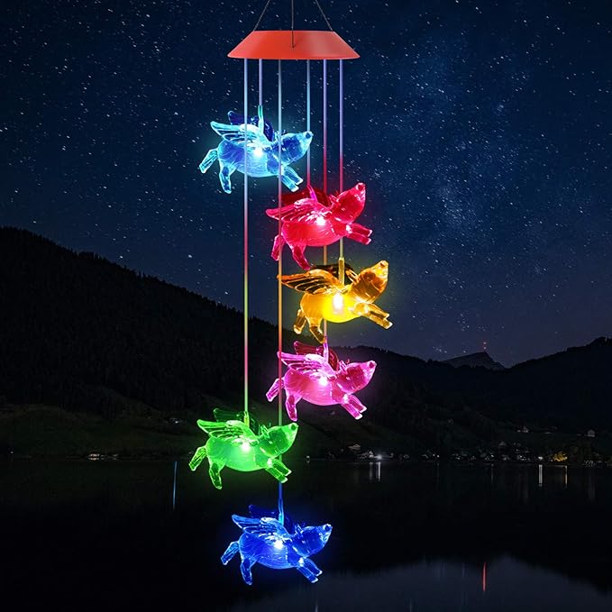 Outdoor Solar Flying Pig Wind Chimes Lights for Home/Garden/Rooms/Patio/Indoor/Outside Decor, Memorial Wind Catcher,Color Changing Waterproof Blessing Wind Bells Gifts for Mom, Women,Grandma,Family