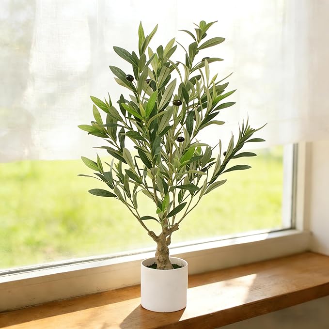 Abyjifar 34" Fake Olive Tree with Pot Indoor, Small Artificial Olive Branches Stems Potted Greenery Faux Green Plants in Pot for Tabletop Desk Office Bedroom Bathroom Kitchen Living Room Home Decor