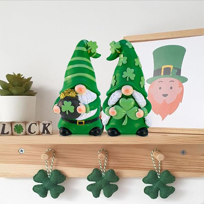St Patricks Day Decorations Gnomes, 2 Pack Handcrafted Irish Gnomes Lucky Leprechaun Figurines, Shamrock Decor for Table Tiered Tray Shelf