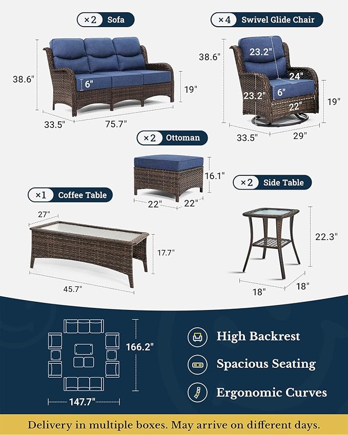 HILLGA Luxury Patio Furniture Set with 6-inch Thick Cushion, Outdoor Couch and High Back Swivel Rocker Patio Chairs, 11PCS Wicker Conversation Set for Deck Yard and Poolside, Blue (V2)
