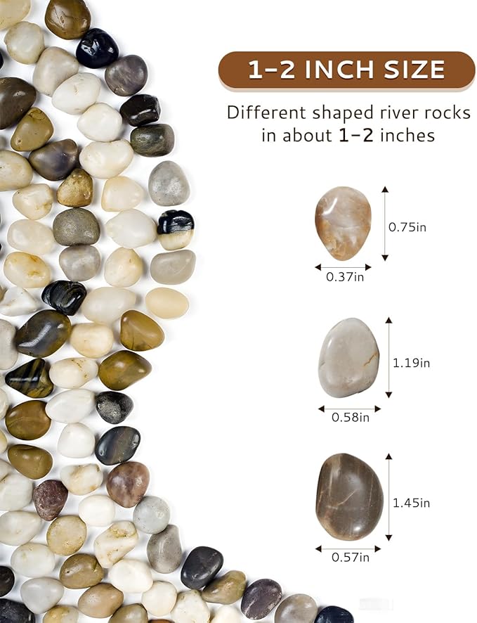 FAHAXIKI 40 lbs River Rocks Pebbles 1-2 Inch Polished Decorative Stones Natural Pebbles for Plants,Aquarium Gravel,Vase Fillers,Zen Garden & Succulent Bowl - Smooth Indoor/Outdoor Landscaping Stones