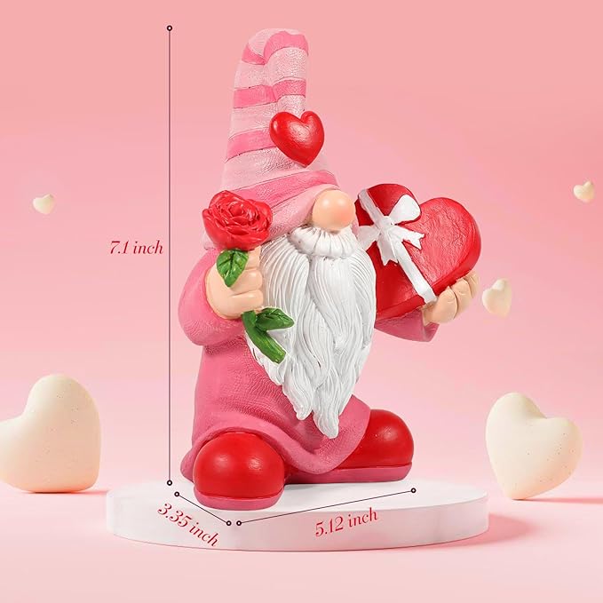 7.1"x5.1" Larger Valentines Day Gnome - Valentine's Day Decor Gifts Pink Resin Gnomes for Home Table Ornaments Sweet Valentines Day Gifts for Him Her
