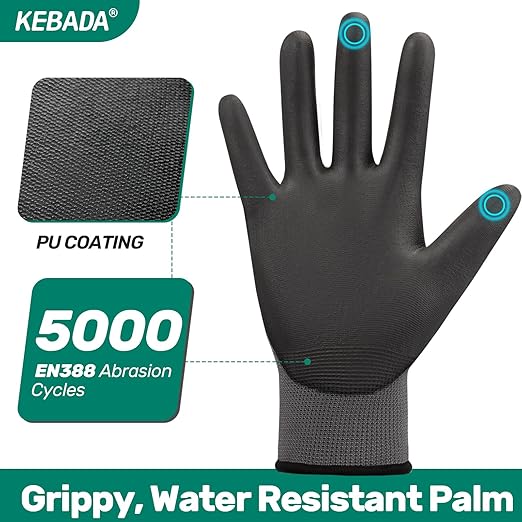 Kebada W1 Work Gloves for Men and Women, PU Coated Safety Gloves with Grip, Touchscreen, Ideal for Warehouse Package Handling, Construction, Gardening, Grey XS