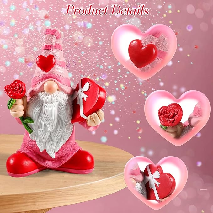 7.1"x5.1" Larger Valentines Day Gnome - Valentine's Day Decor Gifts Pink Resin Gnomes for Home Table Ornaments Sweet Valentines Day Gifts for Him Her