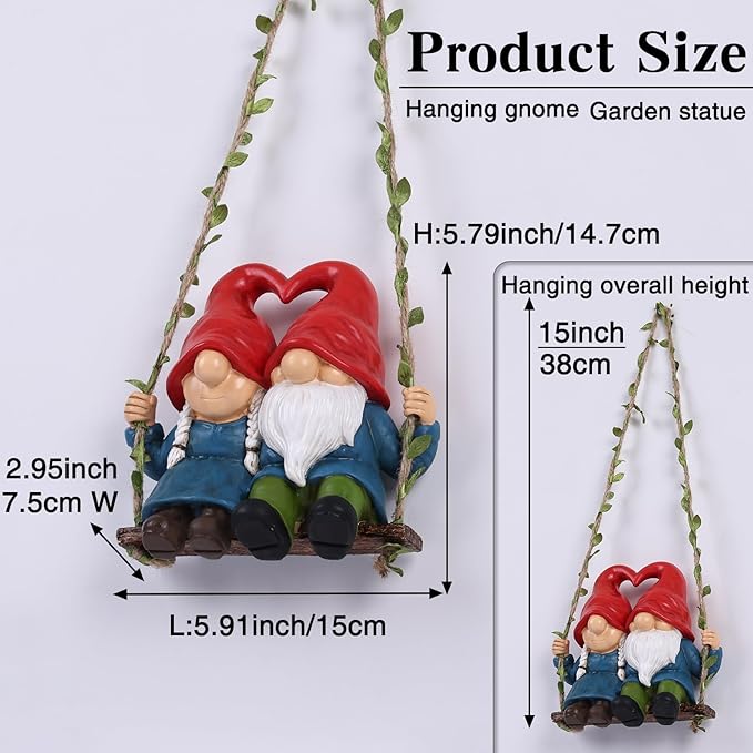 Heart Hat Gnome Couple Swing Hanging Statue - Indoor/Outdoor Funny Gnome Decor, Hanging Garden Ornament for Yard, Tree, Patio, Balcony, Living Room - Gnome Gift for Home Outdoor Decoration
