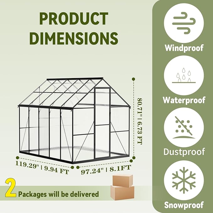 8X10 FT Greenhouse for Outdoors, Polycarbonate Walk-in Green House for Outside, Reinforced Aluminum Frame Greenhouses, Heavy Duty Garden, Patio, Backyard Flower Planting