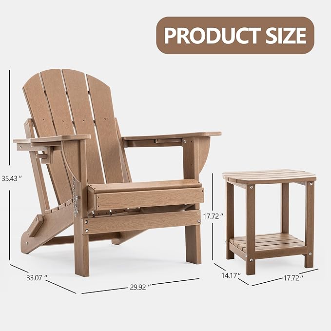 Folding Adirondack Chair Set with Side Table - HDPE Outdoor Patio Chairs, Weatherproof Chair with Reclining Back, Cup & Phone Holder, and 2-Tier Storage End Table for Firepit or Garden (Brown)