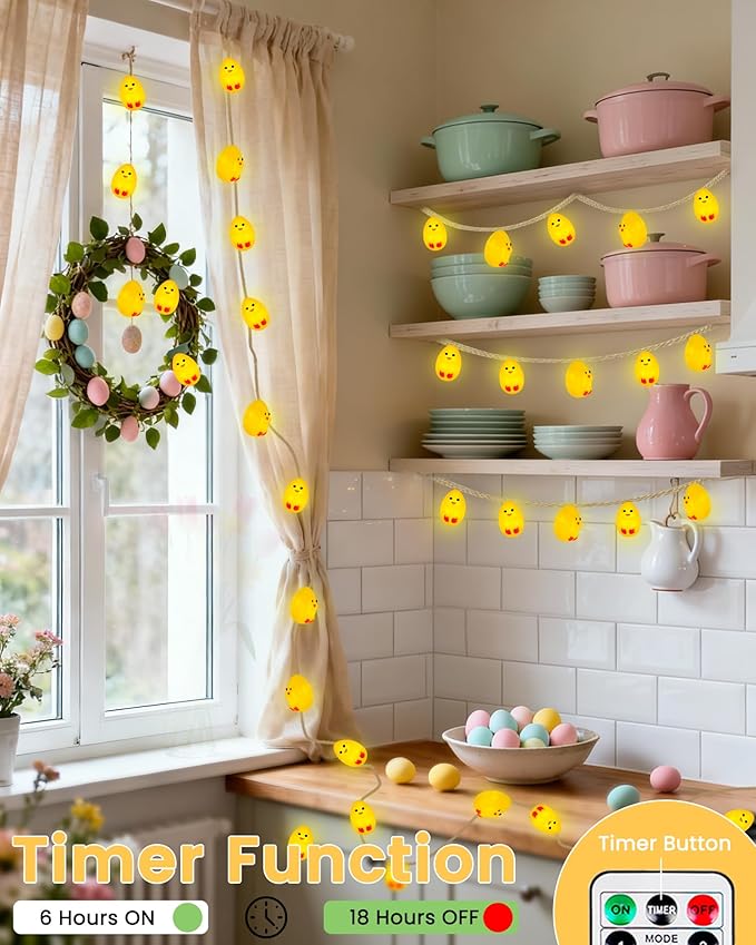 YIQU Easter Decoration String Lights, 10FT 12LED Indoor Chick Mantel Garland Battery Operated with Remote Timer 8 Modes, Hemp Rope Banner for Fireplace Table Wall Spring Party Indoor Outdoor Decor
