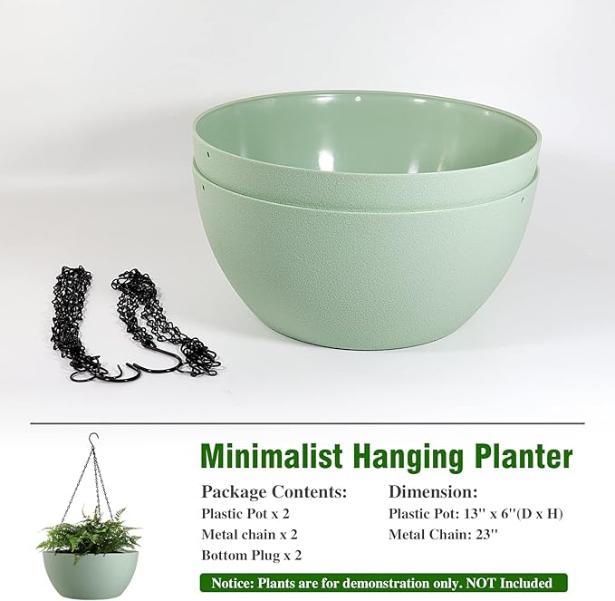 WSMKSZ 13 inch Large Hanging Planters Plant Pots for Outdoor Indoor Plants with Drainage Holes and Chain, 2 Pack Round Hanging Flower Pots for Garden Home Porch Decor, Green