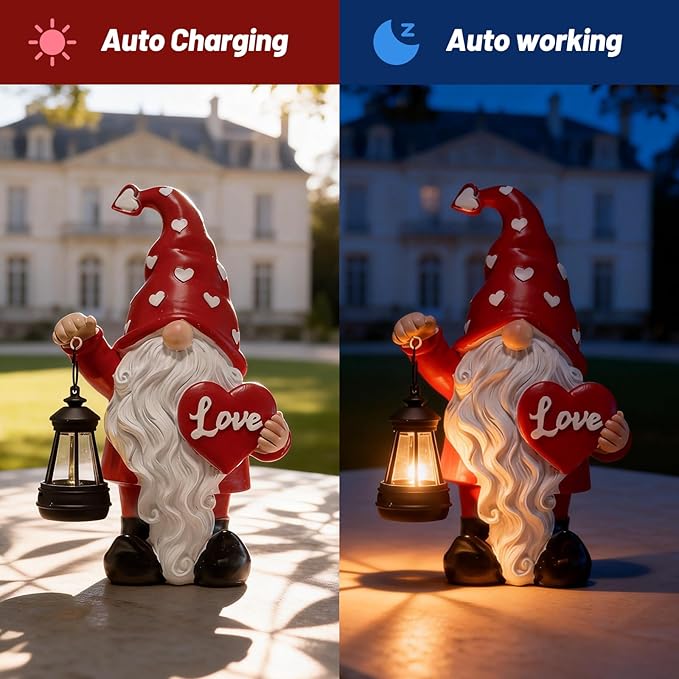 Valentines Day Decorations, Valentines Day Garden Gnome Decorations Outdoor, Waterproof Resin Gnomes Holding Heart-Shaped and Solar Lantern, Valentines Gifts Outdoor/Indoor Decor