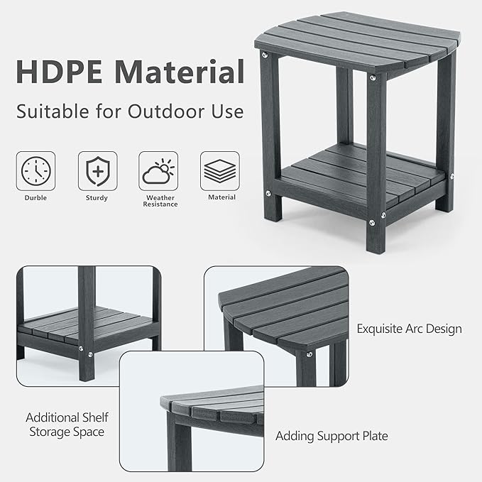 Folding Adirondack Chair Set with Side Table - HDPE Outdoor Patio Chairs, Weatherproof Chair with Reclining Back, Cup & Phone Holder, and 2-Tier Storage End Table for Firepit or Garden (Grey)