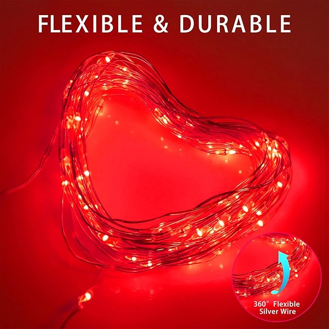 YAOZHOU Red Solar Christmas String Lights Outdoor Waterproof, 2Pack Total 200Led 8 Modes Copper Fairy Lights, Solar Powered Outside Decorations for Valentines Day, Garden, Patio, Fence, Balcony