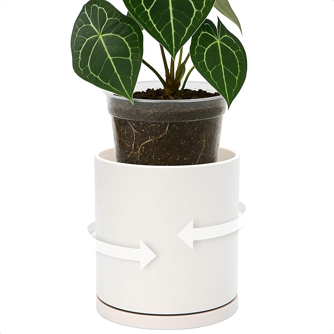 D'vine Dev Double-Layer Planter Set – Rotating Plastic Cachepot with Clear Inner Liner for Root Health, Perfect for Indoor Plants, 4.5", Oatmeal, 73-U-D-1
