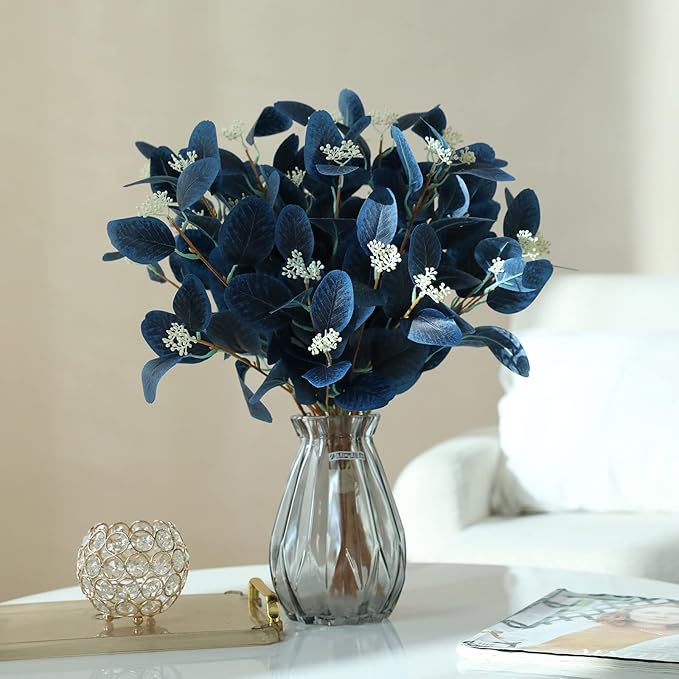 20" Silk Artificial Eucalyptus Stems, 12Pcs Fake Eucalyptus Stem with Leaves Berries, Greenery Plants Floral Decorations for Wedding Party Flower Arrangement Home Decor (Navy Blue)