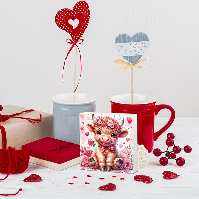 Valentines Day Decorations, Valentines Decor, Pink Valentine's Table Decor, Highland Cow Valentine's Gifts for Boyfriend Girlfriend, Highland Cow Decoration Gifts, Office Home Wooden Decoration Sign