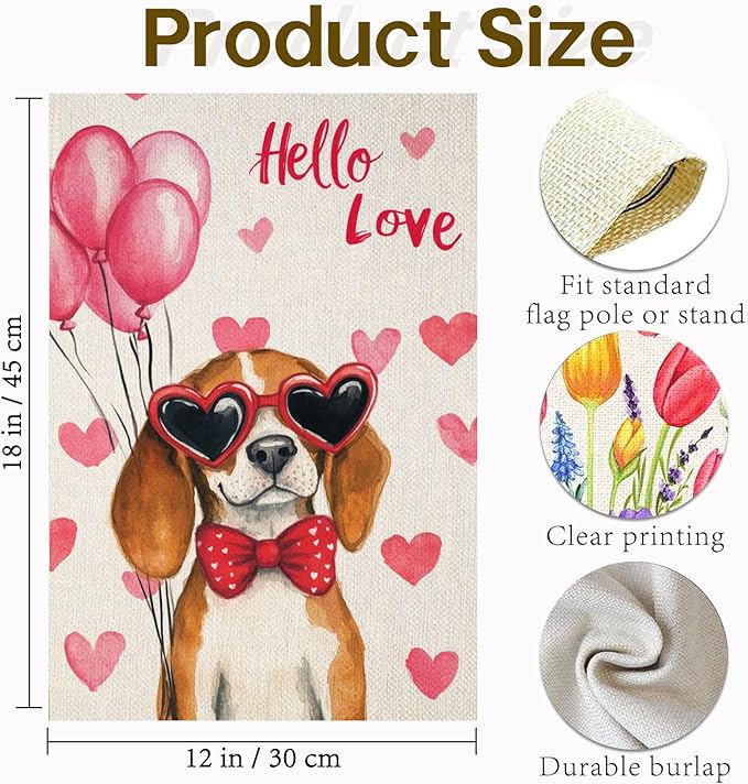 Valentine's Day Beagle Hello Love Garden Flag, House Yard Plaid Love Heart Outside Decoration, Spring Holiday Wedding Anniversary Outdoor Small Decor 12x18(12616)