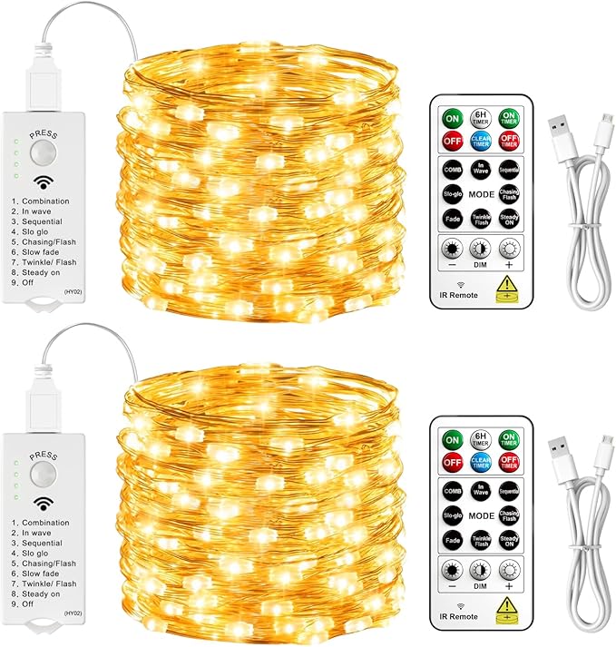 HXWEIYE Rechargeable Fairy Lights with Remote & DIY Timer, 2 Pack 33ft 100LED Battery Operated Twinkle String Lights, 8 Modes Decor Light for Bedroom Indoor Wedding Dorm Christmas Tree (Warm White)