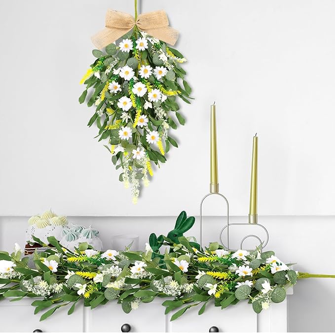 2 Pcs 24" Artificial White Daisy Teardrop Wreath Swag Spring Summer White Floral Hanging Swags Wreath for Kitchen Cabinet Doors Window Wall Wedding Party Home Decor