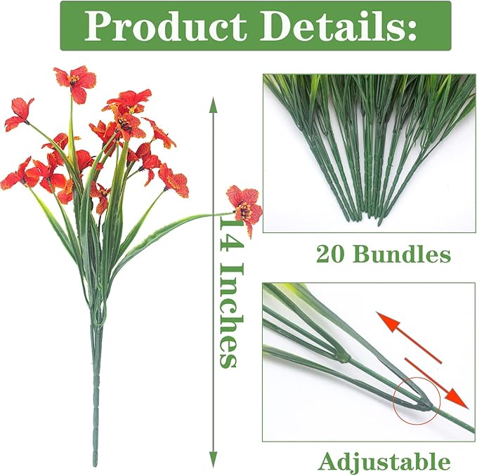 Grunyia 20 Bundles Artificial Flowers, Outdoor Indoor UV Resistant Fake Flowers No Fade Faux Plastic Plants Garden Porch Window Box Decoration