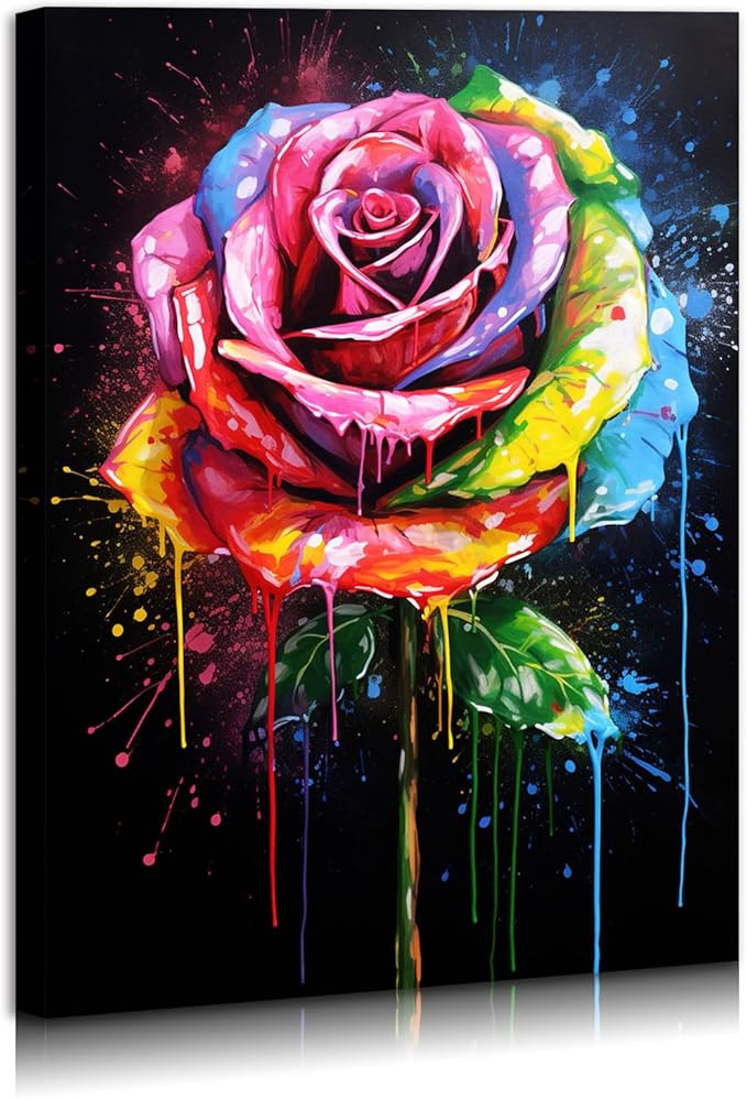 FUNHUA Abstract Rose Flowers Wall Art Colorful Rose Graffiti Canvas Painting Rainbow Flower Bloom Closeup Picture Framed Artwork for Living Room Bathroom Bedroom Home Decorations 12x16inches