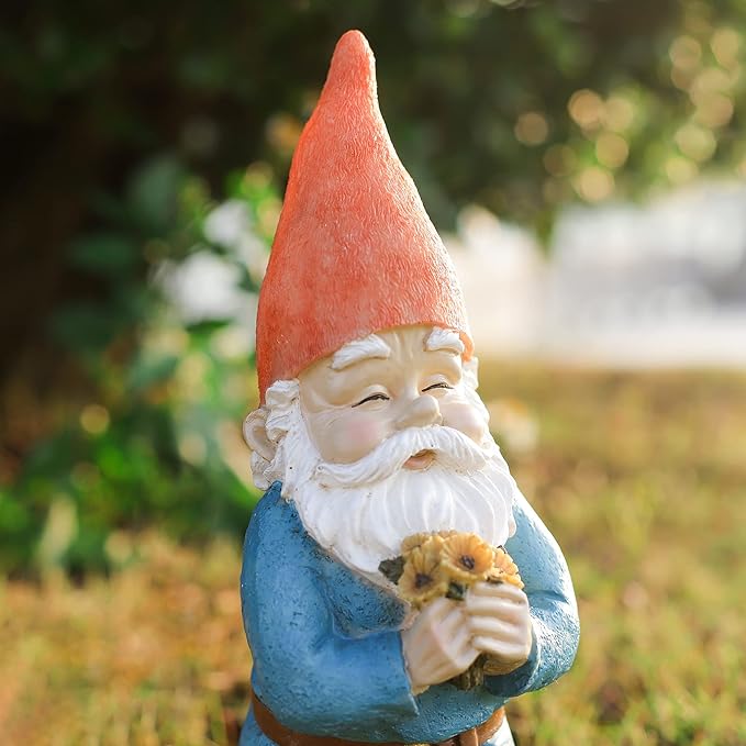 Gnome Figurine, Holding Sunflower Friendly Welcome The Master Home for Indoor Outdoor Patio Yard Lawn Decor, Polyresin 11.8" H