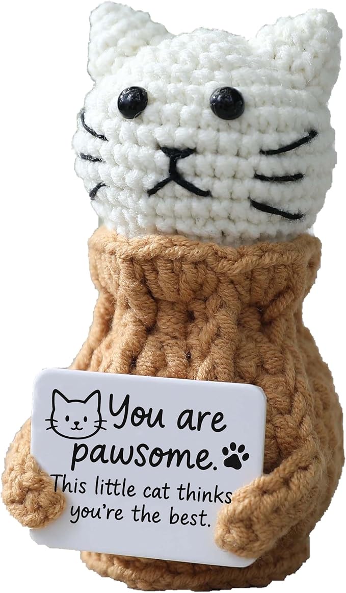 YOOJEE Positive Crochet Animals Cat – “You are Pawsome” Valentines Day Gifts for Him Her Boyfriend Girlfriend Women Teens, Emotional Support & Cheer Up Present, Teacher Appreciation, Birthday Gift