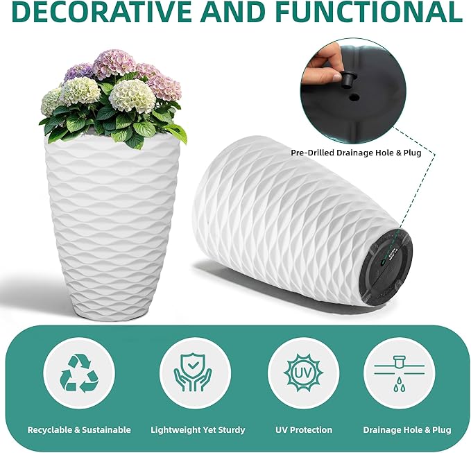 Ultym 19" H Coastal Planter for Indoor/Outdoor Plants, Set of 2 Large Flower Pot with Drainage Hole, Weather/UV Resistant Resin Planters for Garden Patio Porch Home Office Decor, Matte White Wavy