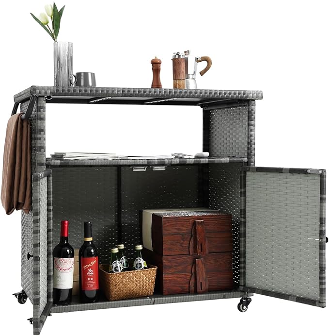Outdoor Wicker Bar Cart, 35.20" Patio Wine Serving Cart with Plastic Wood Top, Rolling Beverage Bar Table with Wheels & Storage for Garden, Backyard & Poolside, Black
