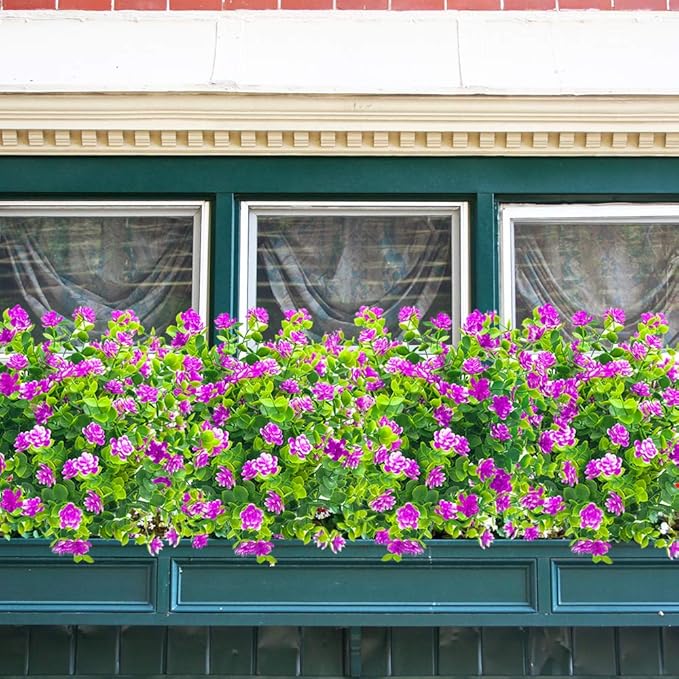 Grunyia 10 Bundles Artificial Fake Flowers, Faux Outdoor Plastic Plants UV Resistant Shrubs Outside Indoor Decorations (Purple-Eucalyptus)