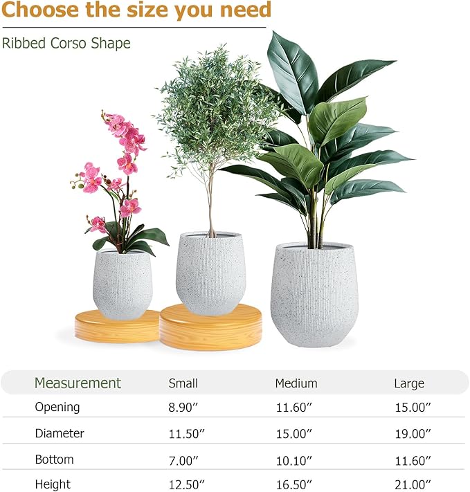 KUTE NEST 16.5" H x 15" D Ribbed Corso Fiberstone Round Tapered Planter with Drainage Hole, Weather Resistant, Included 2 Extra Coco Mats (Ribbed Speckled White, 11.5" Pot Opening)