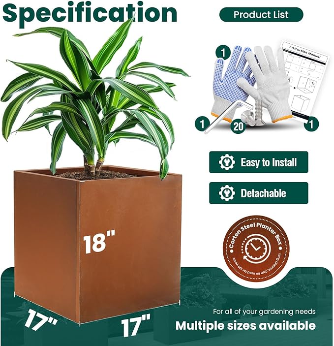 GZGNEEVL Corten Steel Planter Box Metal Outdoor Large Rectangular Rustic Durable Antique Detached for Commercial Residential Patio Deck and Backyard 17" x 17" x 18"