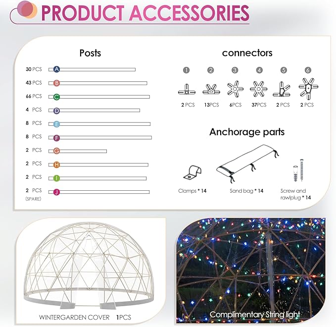 Upgraded 12FT Garden Dome Tent, Outdoor Clear Bubble Tent for 6–10 People, Geodesic Dome Greenhouse with Waterproof PVC Clear Cover, LED Lights, Window for Backyard Patio Camping Party
