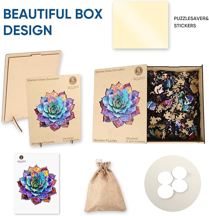Delobil Stained Glass Succulent Wooden Puzzles for Adults, 200 Pieces Mandala Jigsaw Puzzles, Unique Shaped Medium Size Wood Puzzle Gift for Kids, Family Game 11.2'' x 11.4''