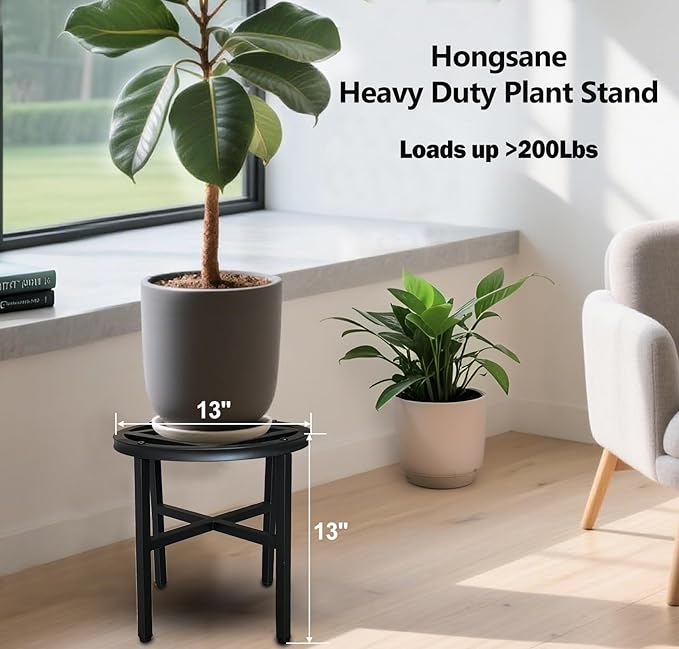 Hongsane Plant Stand Indoor Outdoor,13 Inch Tall Metal Plant Stands Riser,Heavy Duty Wrought Iron Pedestal Holders for Large Flower Pot,Outside Rust-Proof Black Flower Display Shelf for Patio,2-Pack