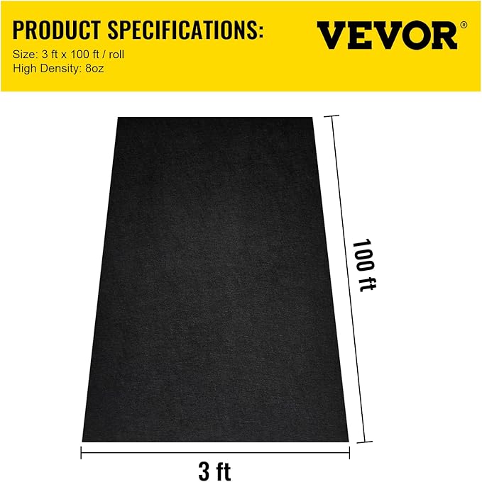 VEVOR Geotextile Landscape, 3ft x 100ft 8 oz, Non-Woven PP Drainage 350N Tensile Strength & 440 N Load Capacity, for Ground Cover, Garden Fabric, French Drains, Black