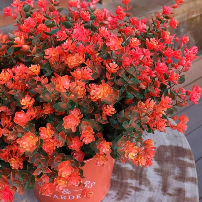 BCBLF Artificial Flowers for Outdoors, Faux Flowers for Outdoor planters, 12 Bundles Fake Flowers UV-Anti for Decoration, Outdoor Faux Plants, Orange+Red