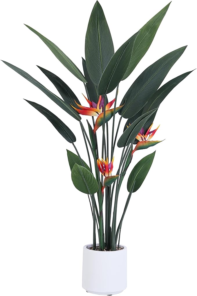 Artificial Bird of Paradise Plant 48in(4Ft) Tall Fake Banana Leaf Plant for Indoors and Outdoors, Artificial Flowers, Faux Palm Tree with Plastic Pot for Office and Home Decor