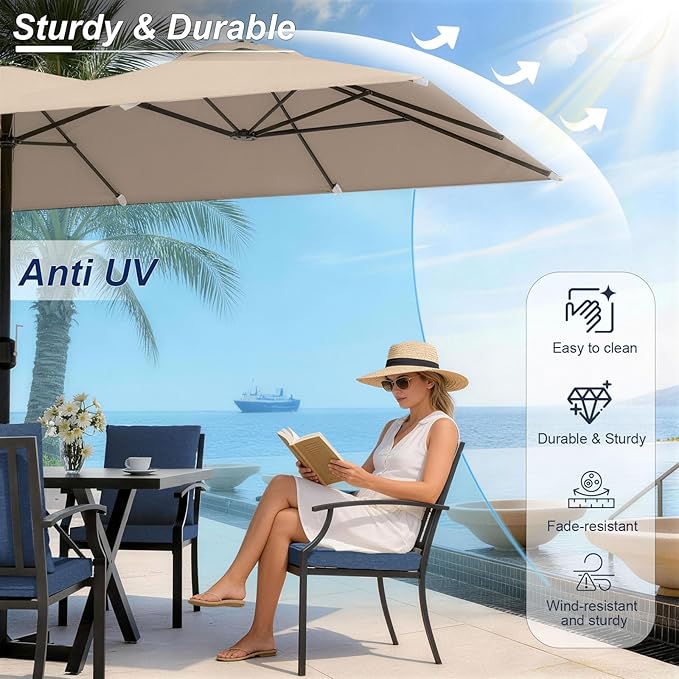 10-Piece Patio Dining Set,Metal Outdoor Furniture Set Includes 13.6FT Sand Umbrella,Hole Cut-Out 78.7" x 35.4" Table and 8 Metal Backrest Chairs for Backyard,Garden,Navy