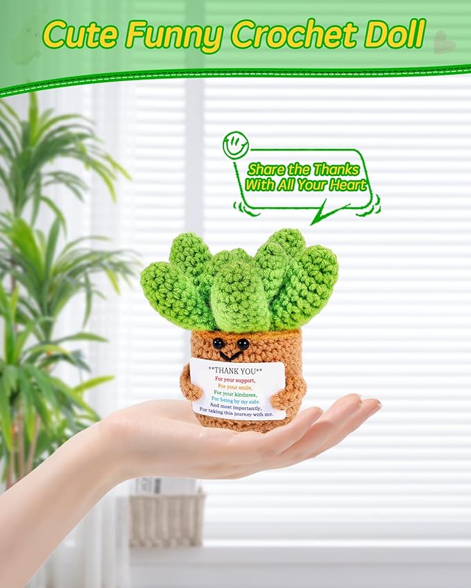 JELUTAR Crochet Positive Succulent Plant Thank You Gifts for Birthday Easter Mother's Day, Emotional Uplifting Gifts for Women Men Mom Dad Friends Wife Coworkers Cute Funny Decors (Thank You)
