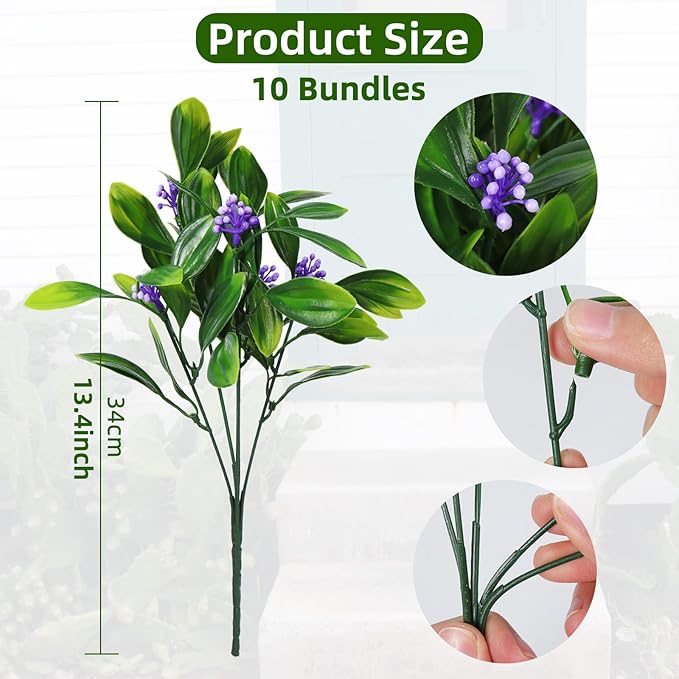 RECUTMS 10 Pcs Artificial Plants Plastic Fake Fern Bean Shrub Grass Greenery Simulation Leaves Bush Indoor Outside Home Garden Office DIY Table Arrangement (Violet)