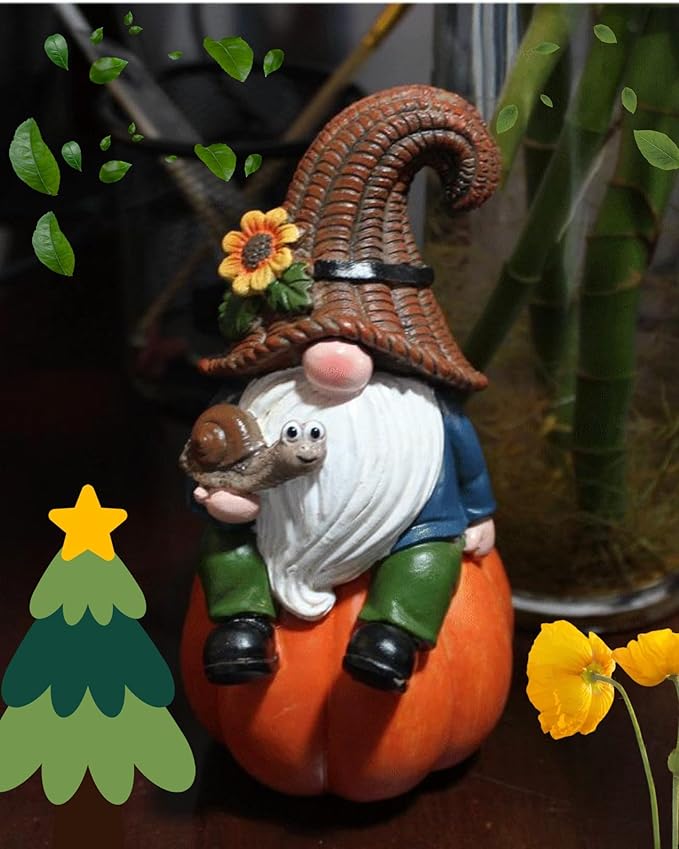 Garden Gnomes Outdoor Statue 5.91" Tall, Resin Gnome Figurine Halloween Fall Gnome Pumpkin Autumn Dwarf Statue for Indoor Outdoor Porch Yard Thanksgiving Decorations