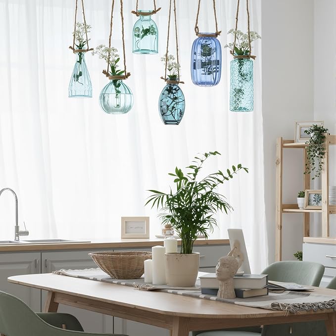 Teecyhooo 6 Pcs Stained Glass Hanging Vases Colorful Glass Terrariums with Rope Small Hanging Planters Pot Containers for Air Plants Flowers Garden Home Wedding Decor(Blue Series)