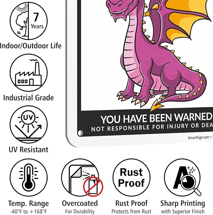 SmartSign Funny Beware Of Dragons Warning Sign - 10"x7", 40 mil Laminated Rust-free Aluminum - Metal Signs for Wall Decor, Outdoor, Patio, Gifts, Cafe - Dragon Theme, Made in USA
