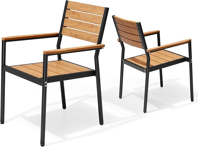 Pellebant Stackable Outdoor Dining Chairs Set of 2, Aluminum Patio Chairs with Arms, All-Weather for Garden, Lawn, Deck, Porch and Yard, Brown